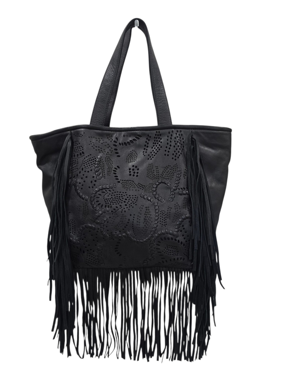 Frye Vivian Black Leather Fringe Tote with Laser-Cut Detail
